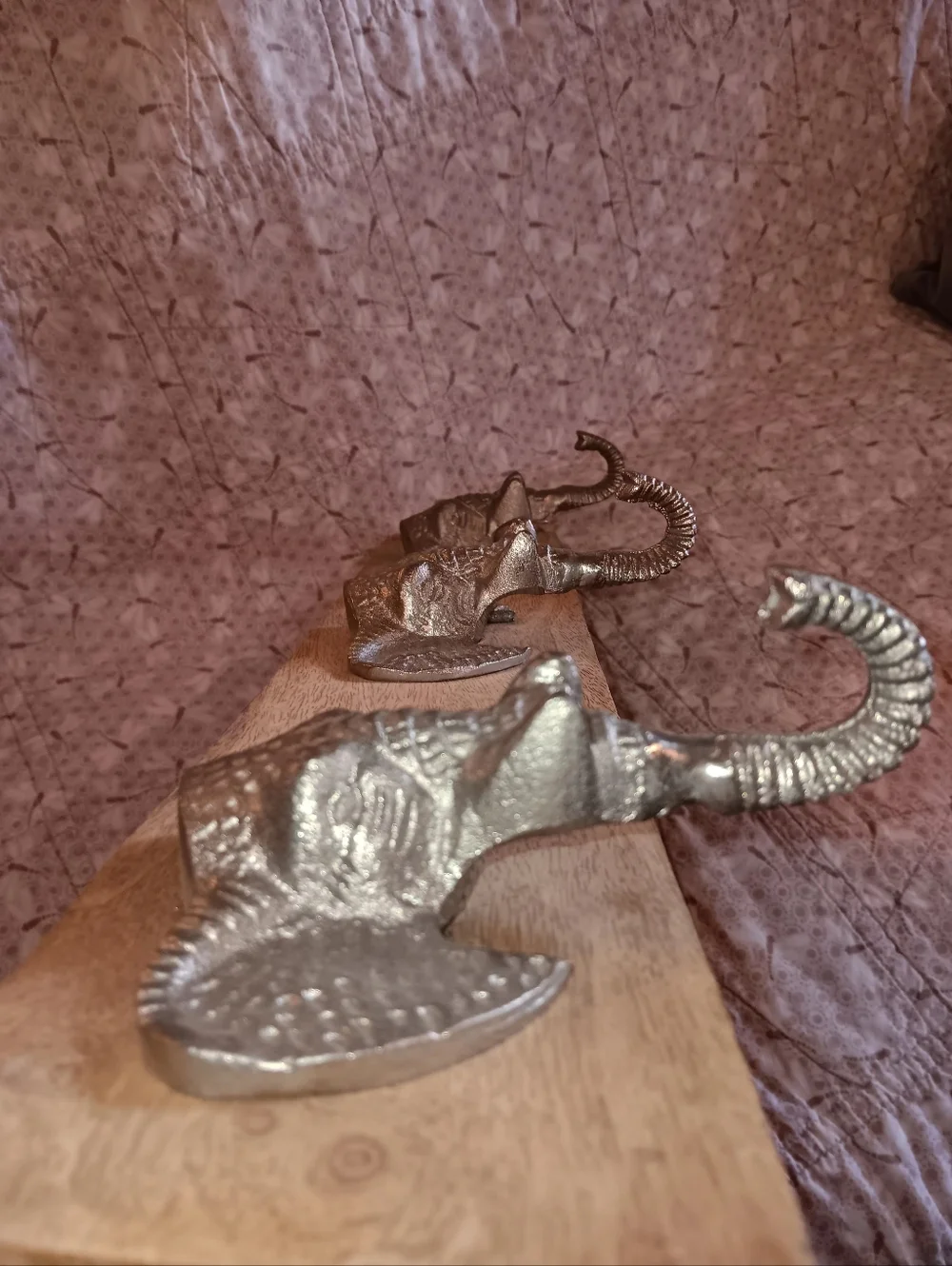 Triple Elephant Head Wall Hook - Silver on Natural Wood